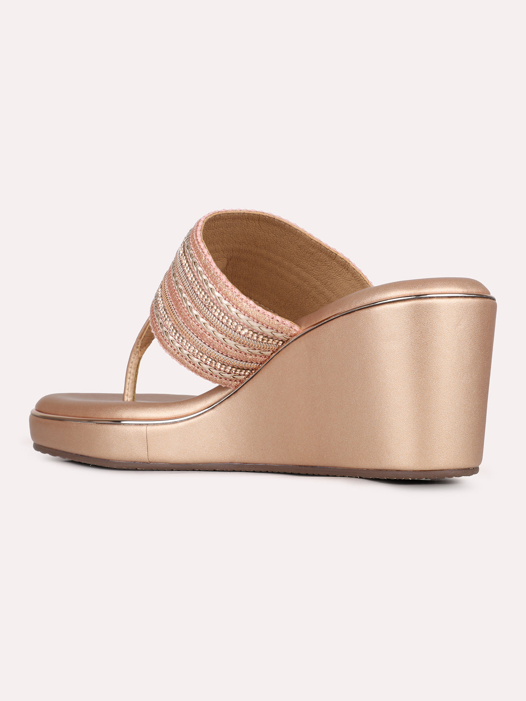 Womens Rose Gold Ethnic Embellished Round Toe Wedge Heel Sandals