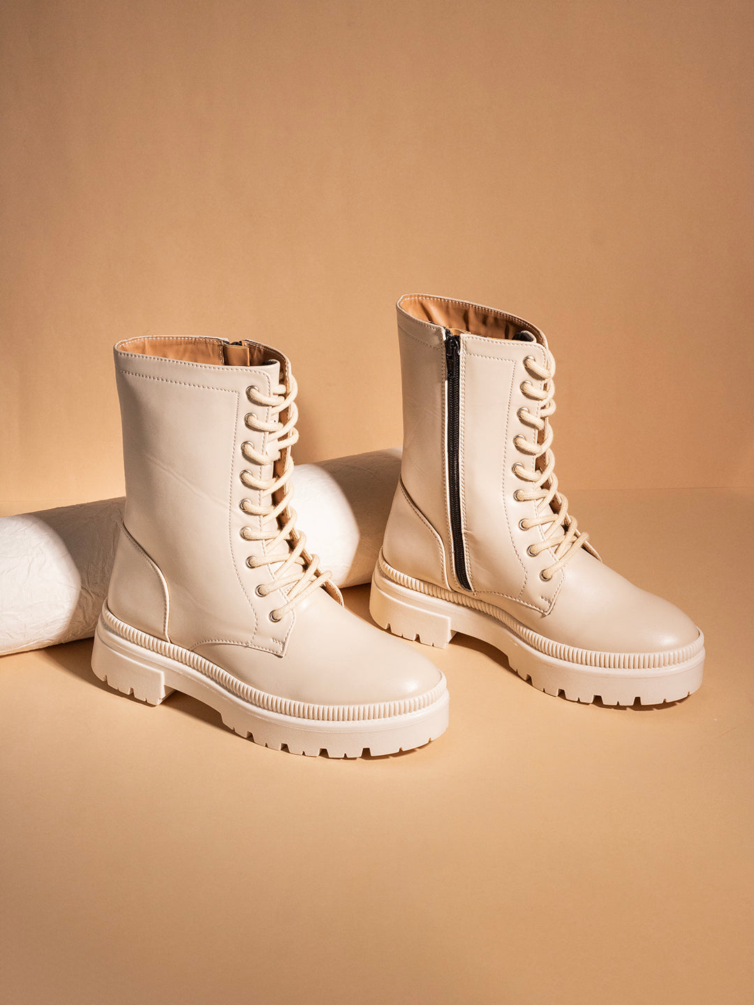 Buy Now Womens Cream Party Wear Solid Round Toe Block Heel Ankle Boots