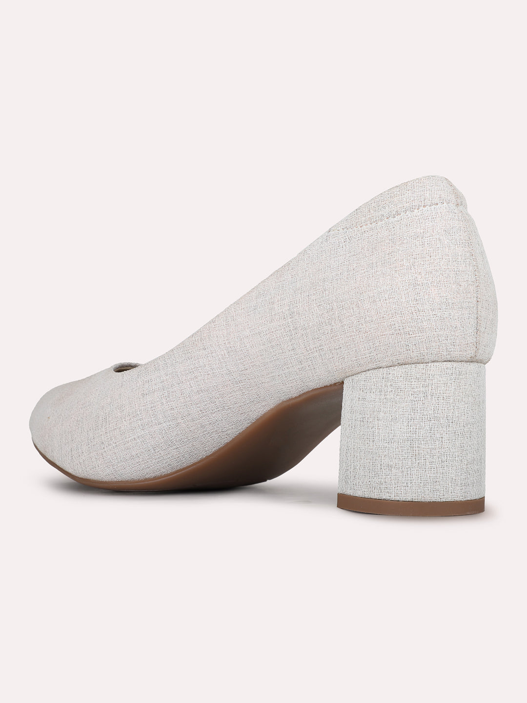 Womens Beige Party Wear Solid Round Toe Block Heel Pumps