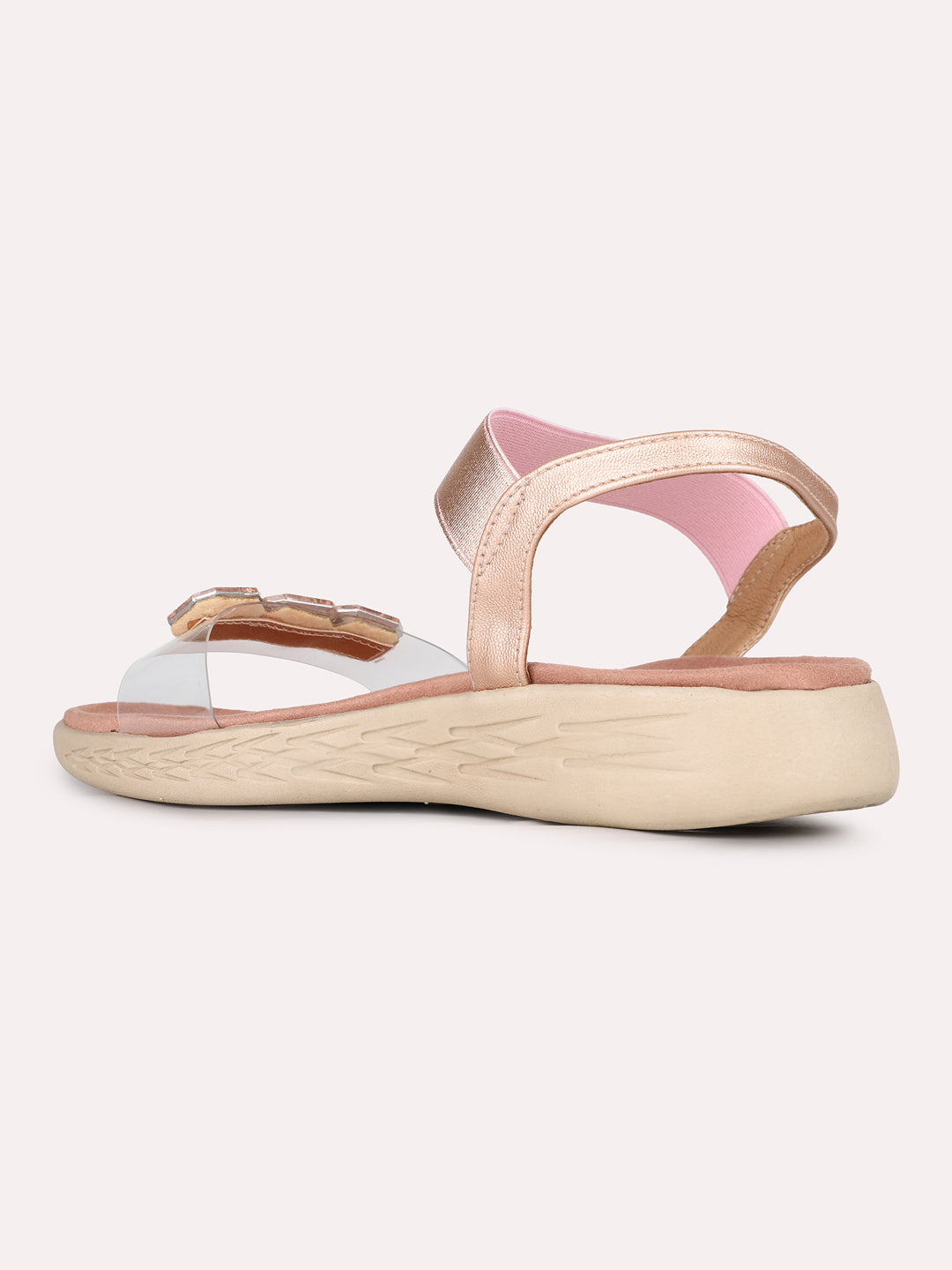 Womens Rose Gold Party Wear Transparent Open Toe Flat Sandals