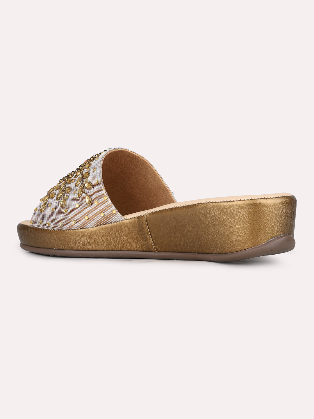 Womens Golden Ethnic Embellished Open Toe Flat Slip-On Sandals