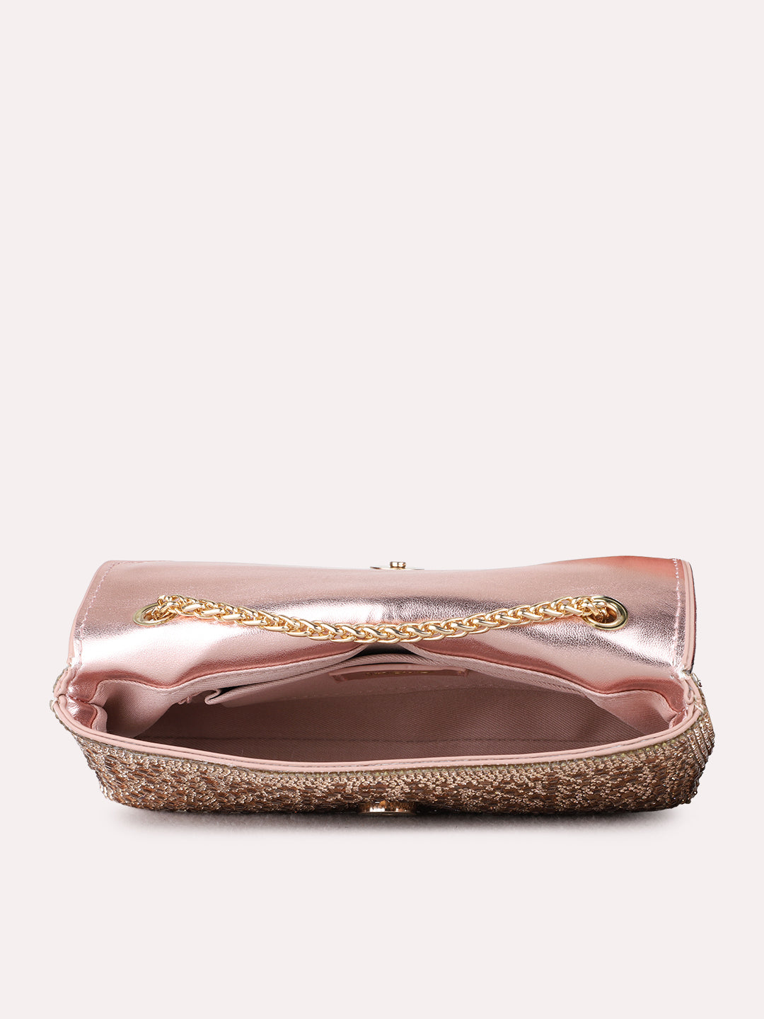 Women Rose Gold Embellished Clutch Bag With Magnet Lock