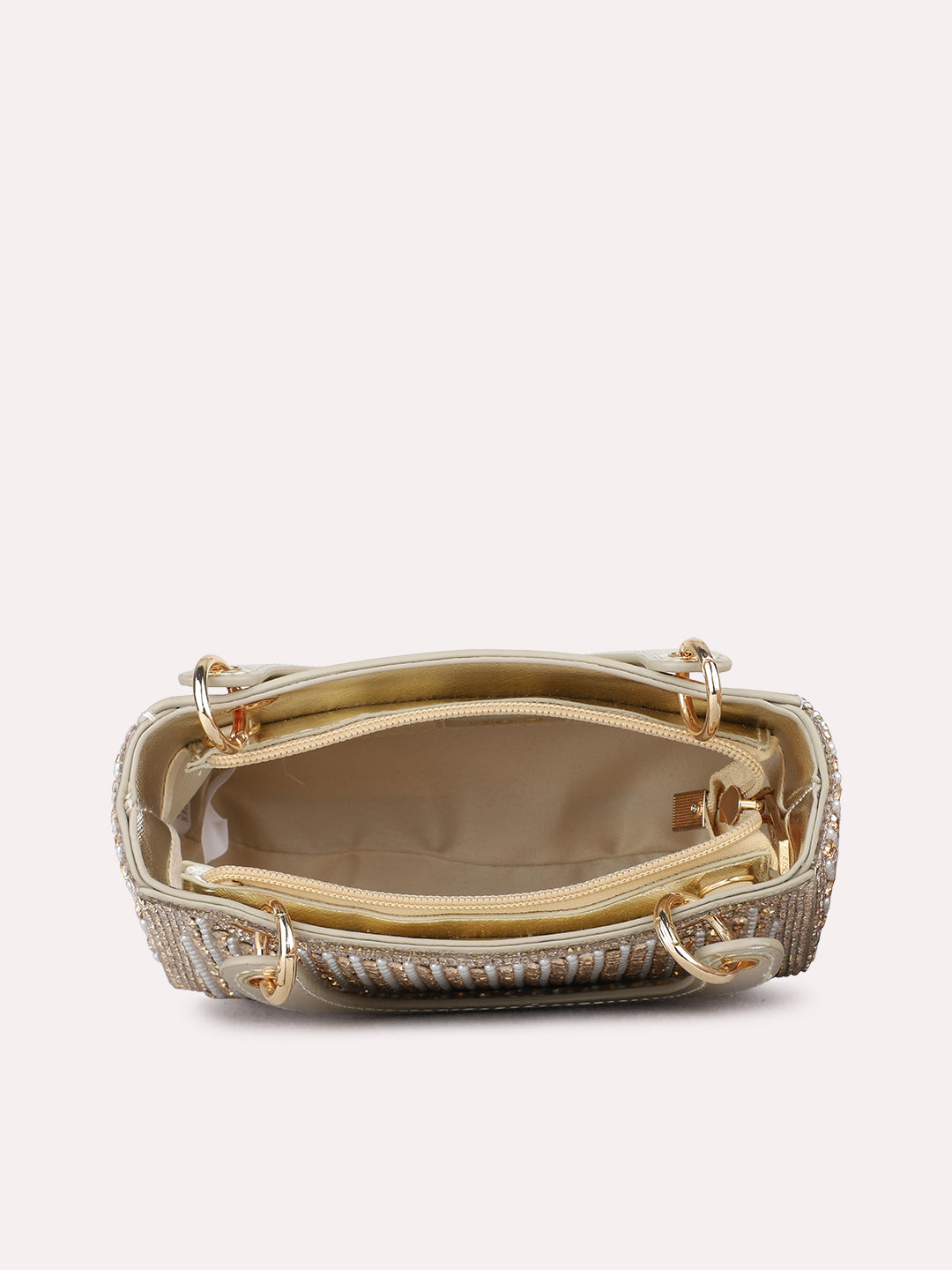 Women Gold Embellished Handbag With Zip Lock For Party