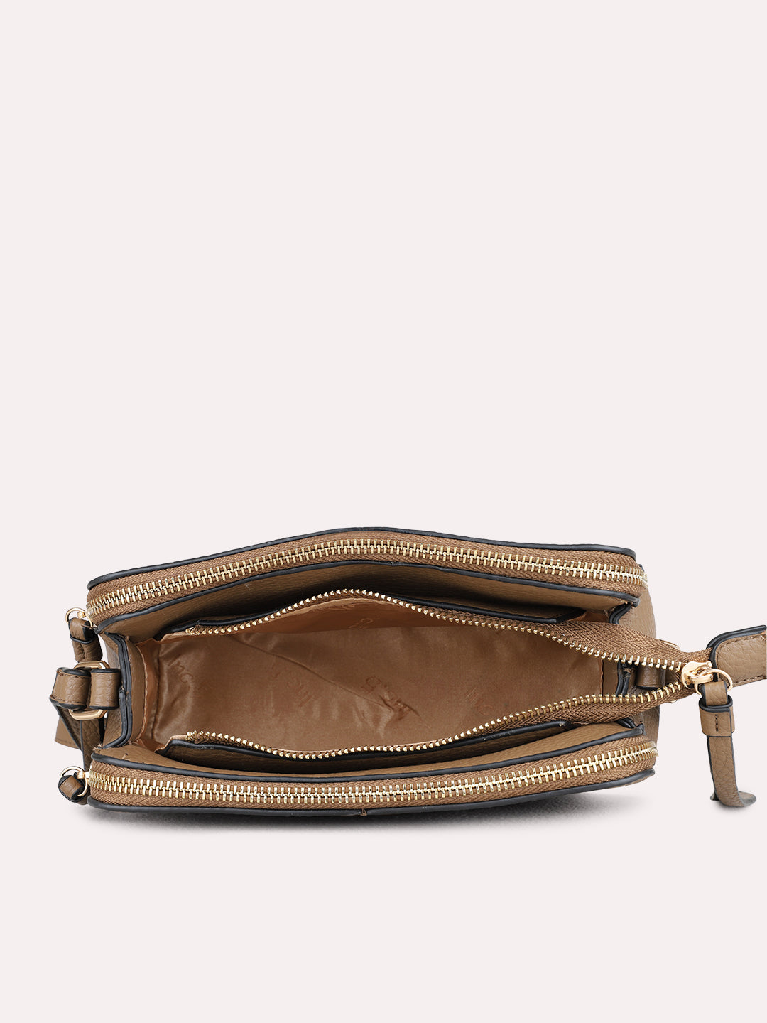 Women Brown Textured Sling Bag With Zip Lock For Casual