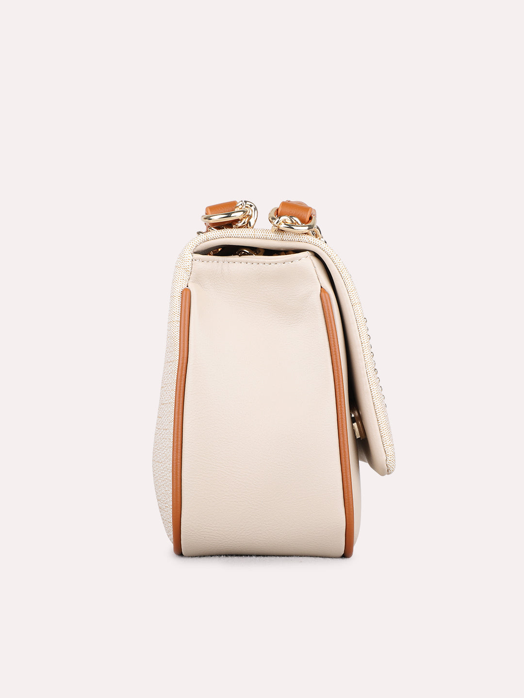 Women Beige Embellished Sling Bag With Magnet Lock For Casual
