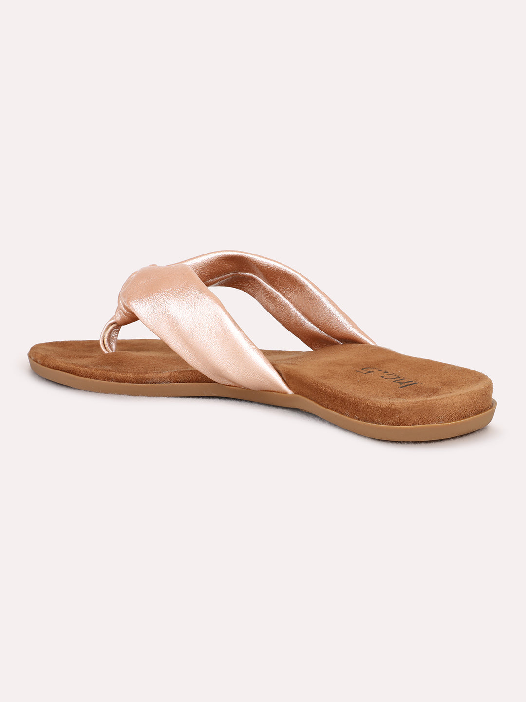 Womens Rose Gold Casual Solid T-Strap Flat Sandals