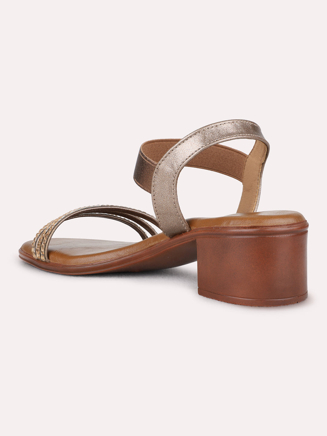 Womens Golden Party Wear Striped Square Toe Block Heel Sandals