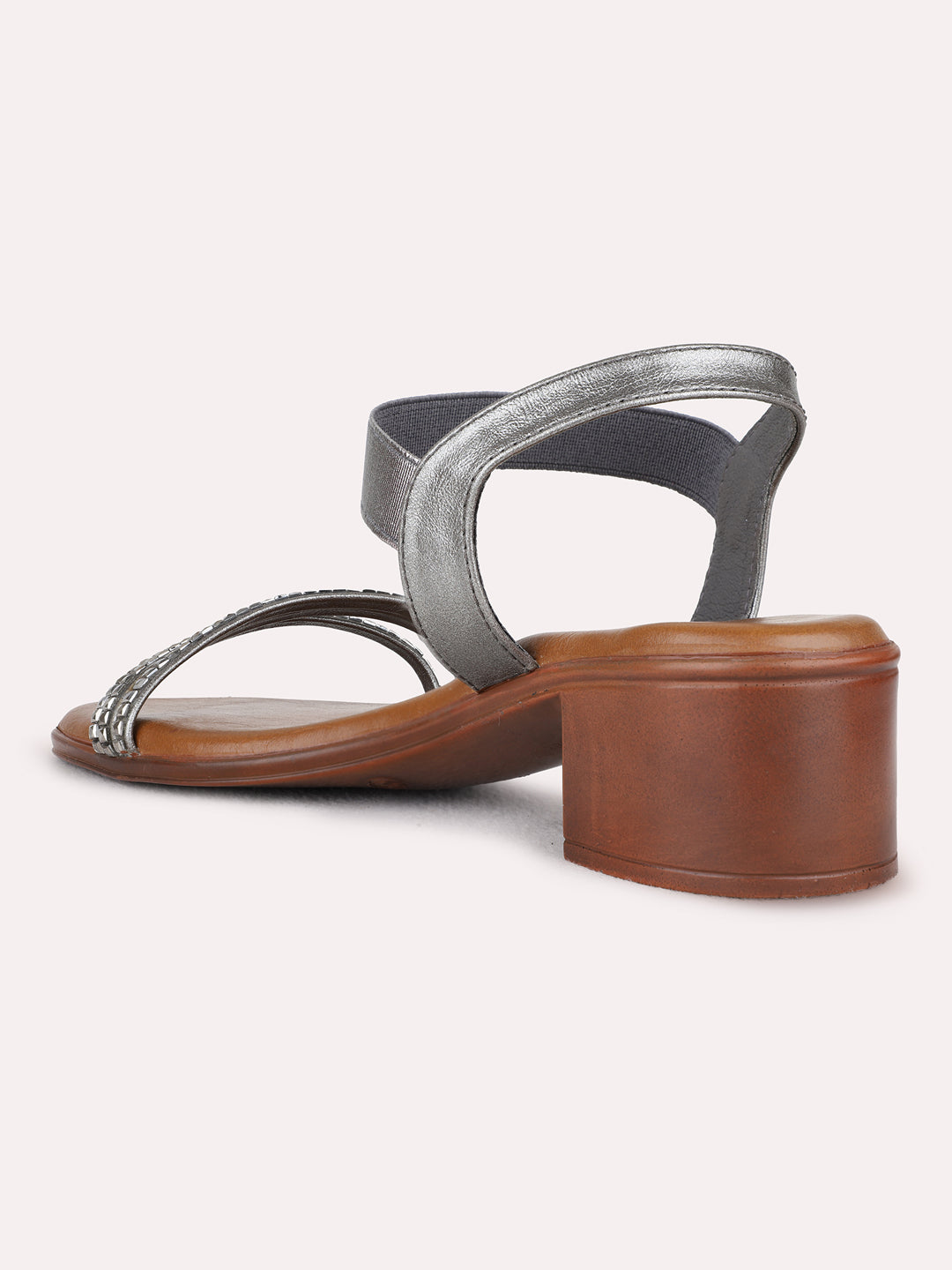 Womens Pewter Party Wear Striped Square Toe Block Heel Sandals