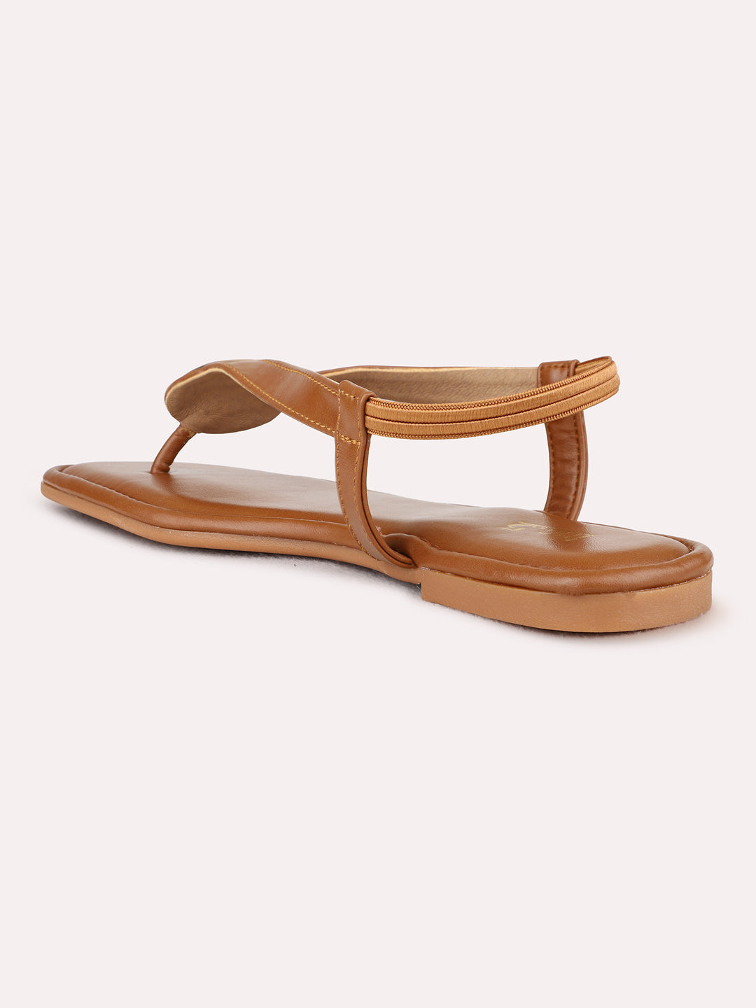 Womens Tan Casual Solid T-Strap Flats