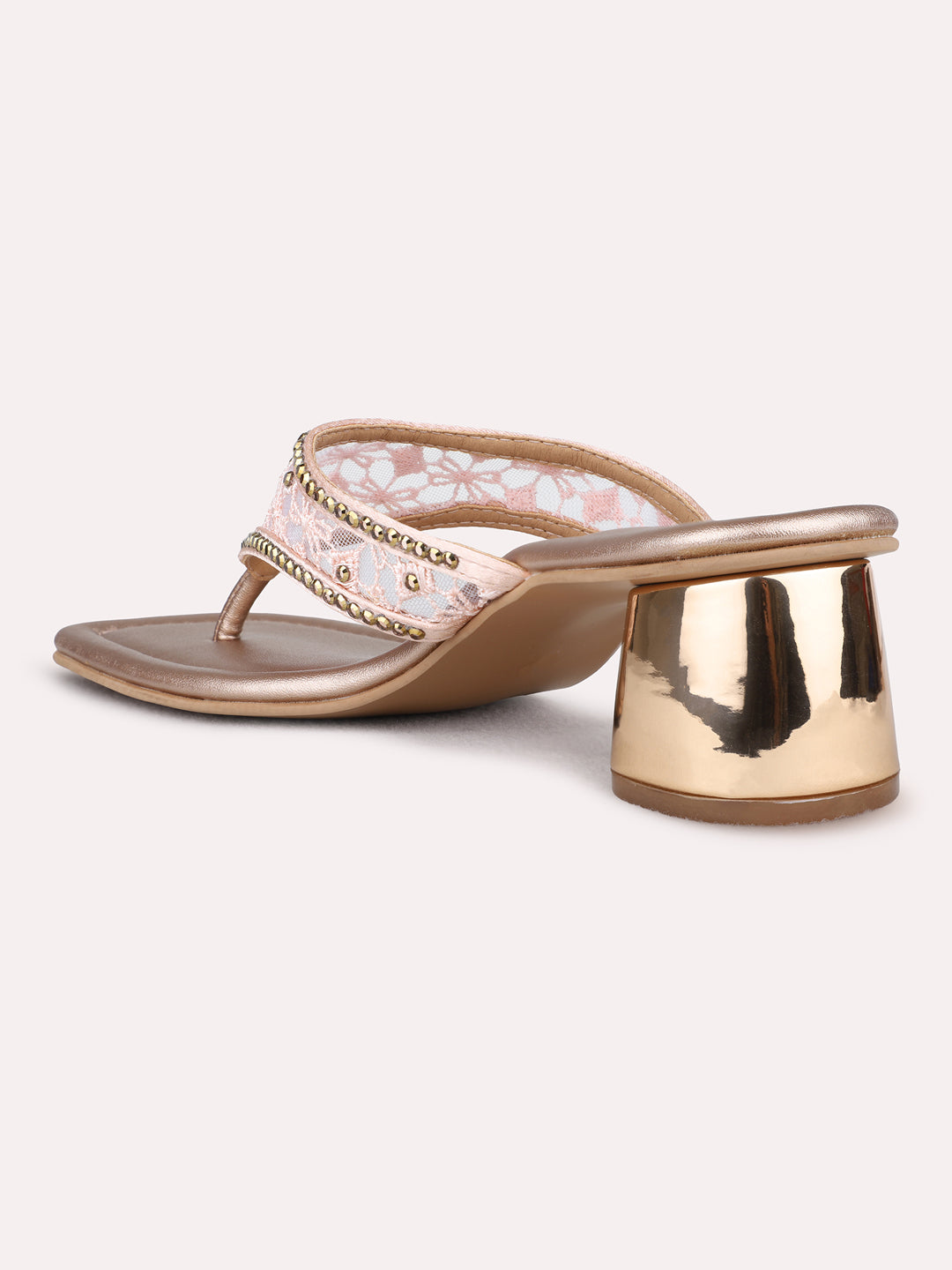 Womens Rose Gold Ethnic Embellished Square Toe Block Heel Sandals