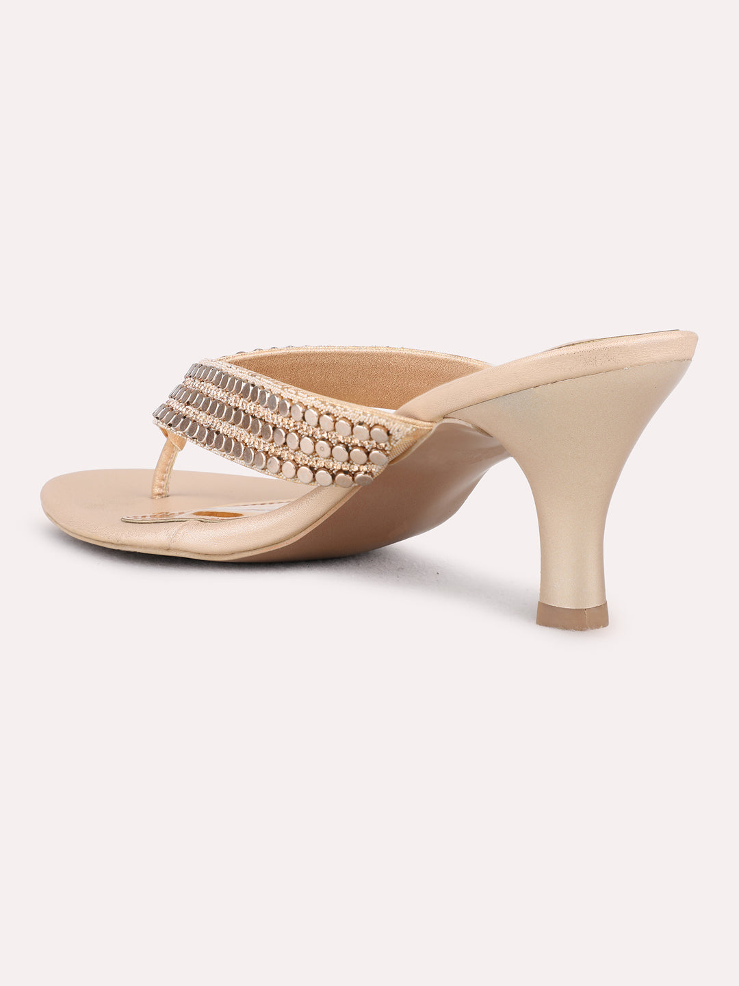 Womens Rose Gold Ethnic Wear Embellished Round Toe Kitten Heel Sandals