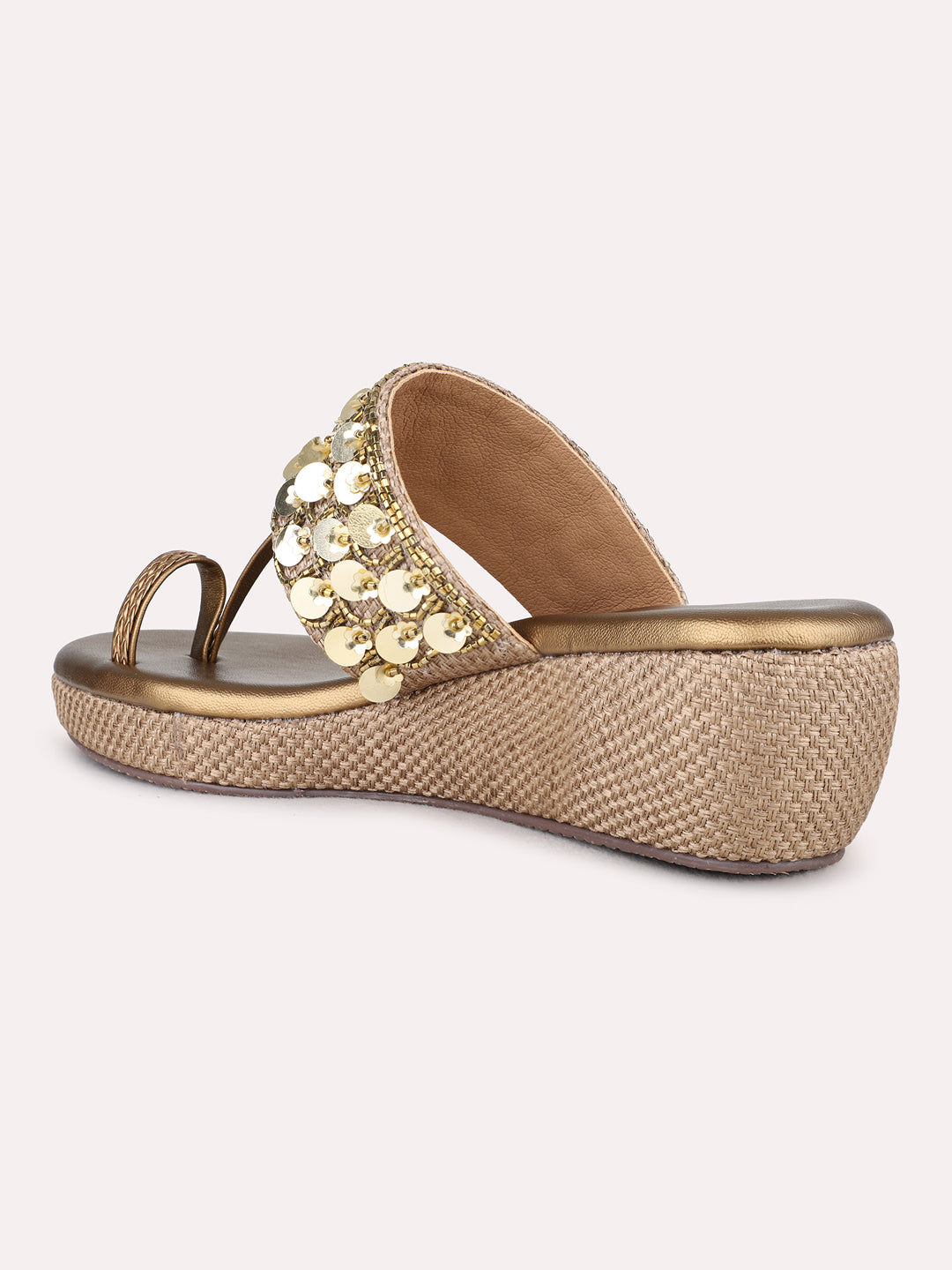Womens Golden Ethnic Wear Embellished Round Toe Wedge Heel Sandals