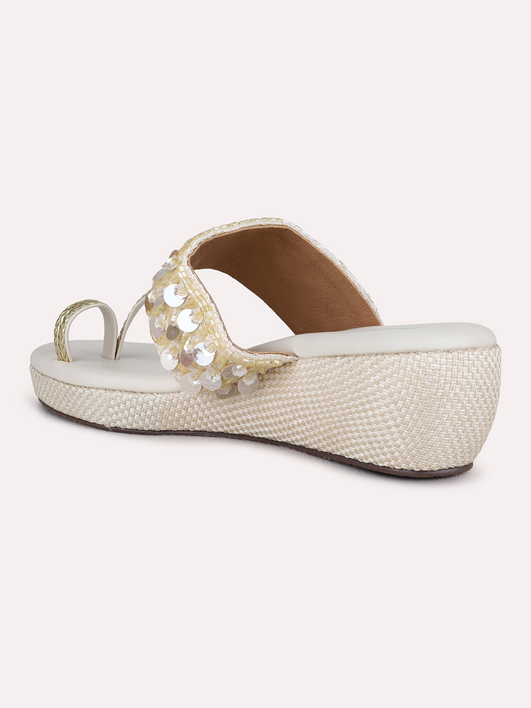 Womens Golden Ethnic Wear Embellished Round Toe Wedge Heel Sandals