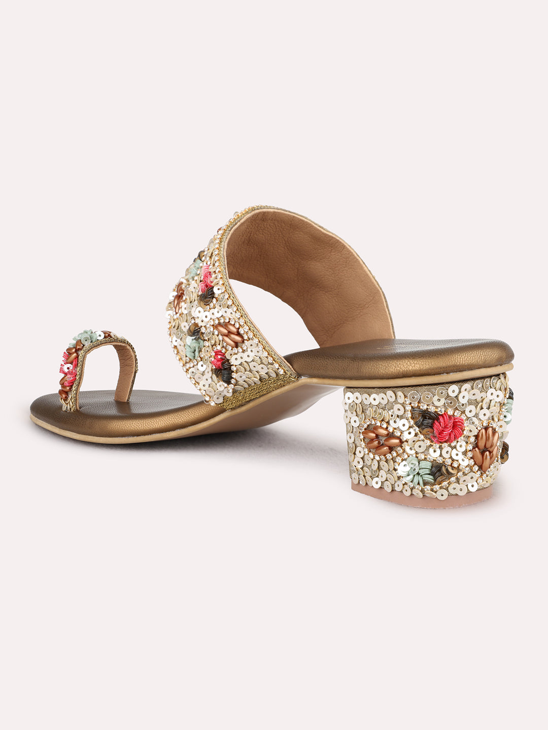 Womens Golden Ethnic Wear Embellished Square Toe Block Heel Sandals