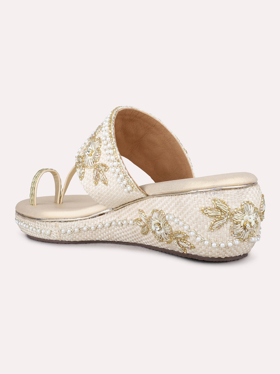 Womens Golden Ethnic Wear Embellished Round Toe Wedge Heels