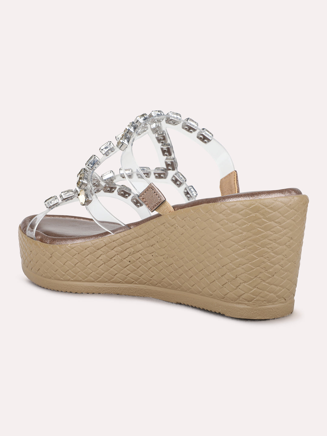 Womens Golden Ethnic Wear Embellished Round Toe Wedge Heel Sandals