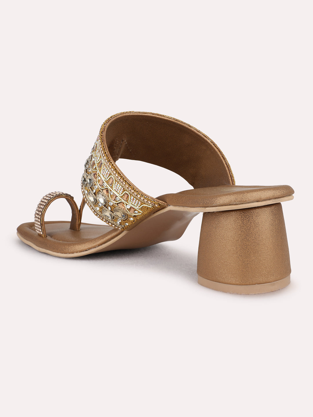 Womens Golden Ethnic Wear Embellished Square Toe Block Heel Sandals