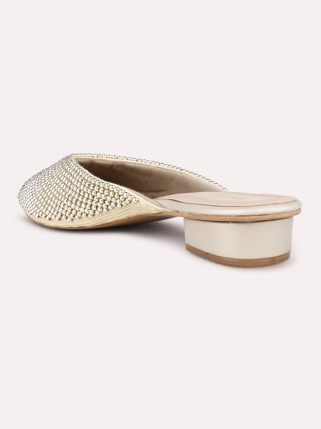Womens Golden Party Wear Embellished Round Toe Block Heel Mules