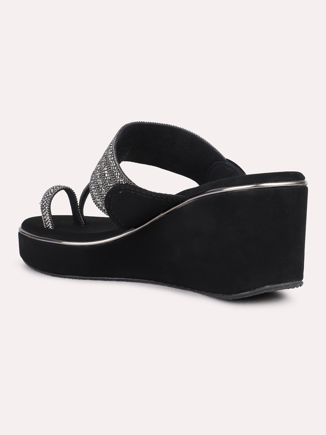 Womens Black Ethnic Wear Embellished Round Toe Wedge Heel Sandals