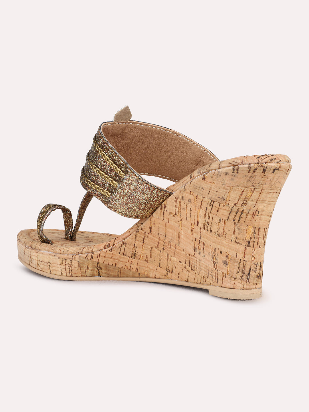 Womens Golden Ethnic Wear Embellished Round Toe Wedge Heel Sandals