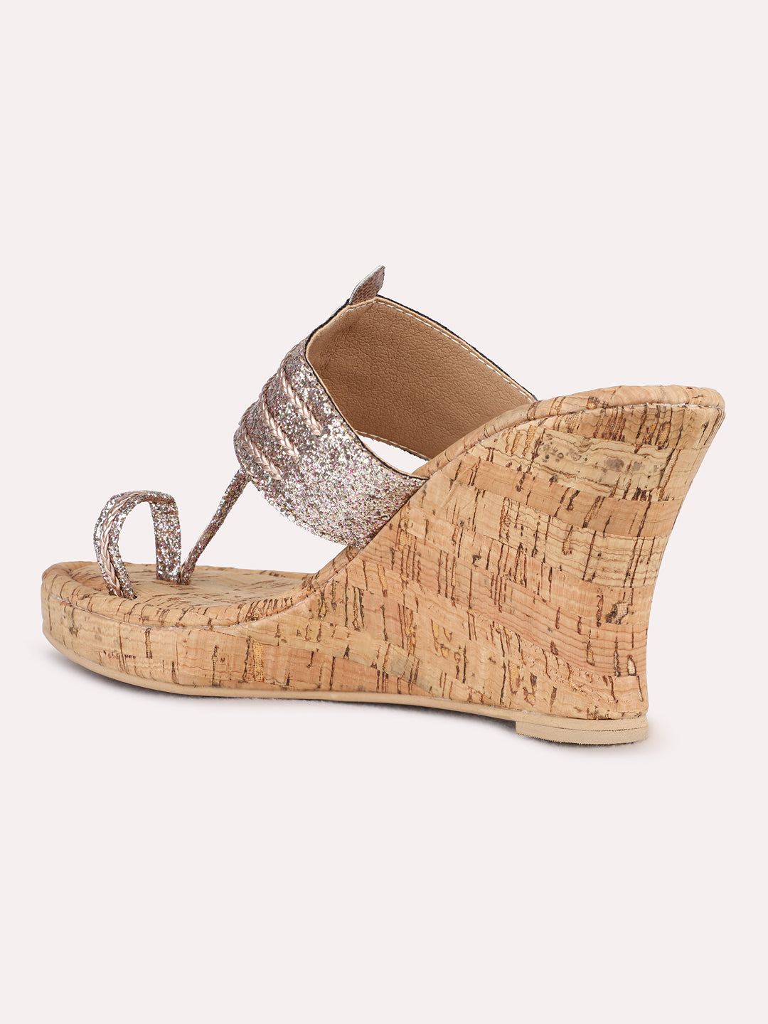 Womens Rose Gold Ethnic Wear Embellished Round Toe Wedge Heel Sandals