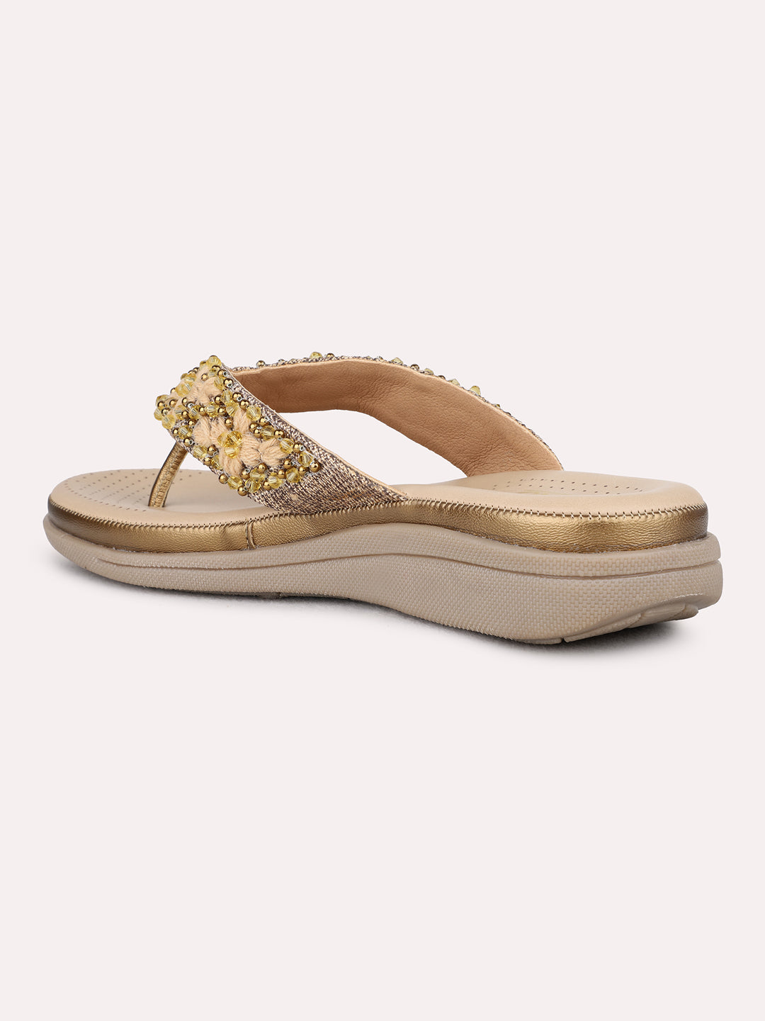 Womens Golden Casual Embellished T-Strap Flats