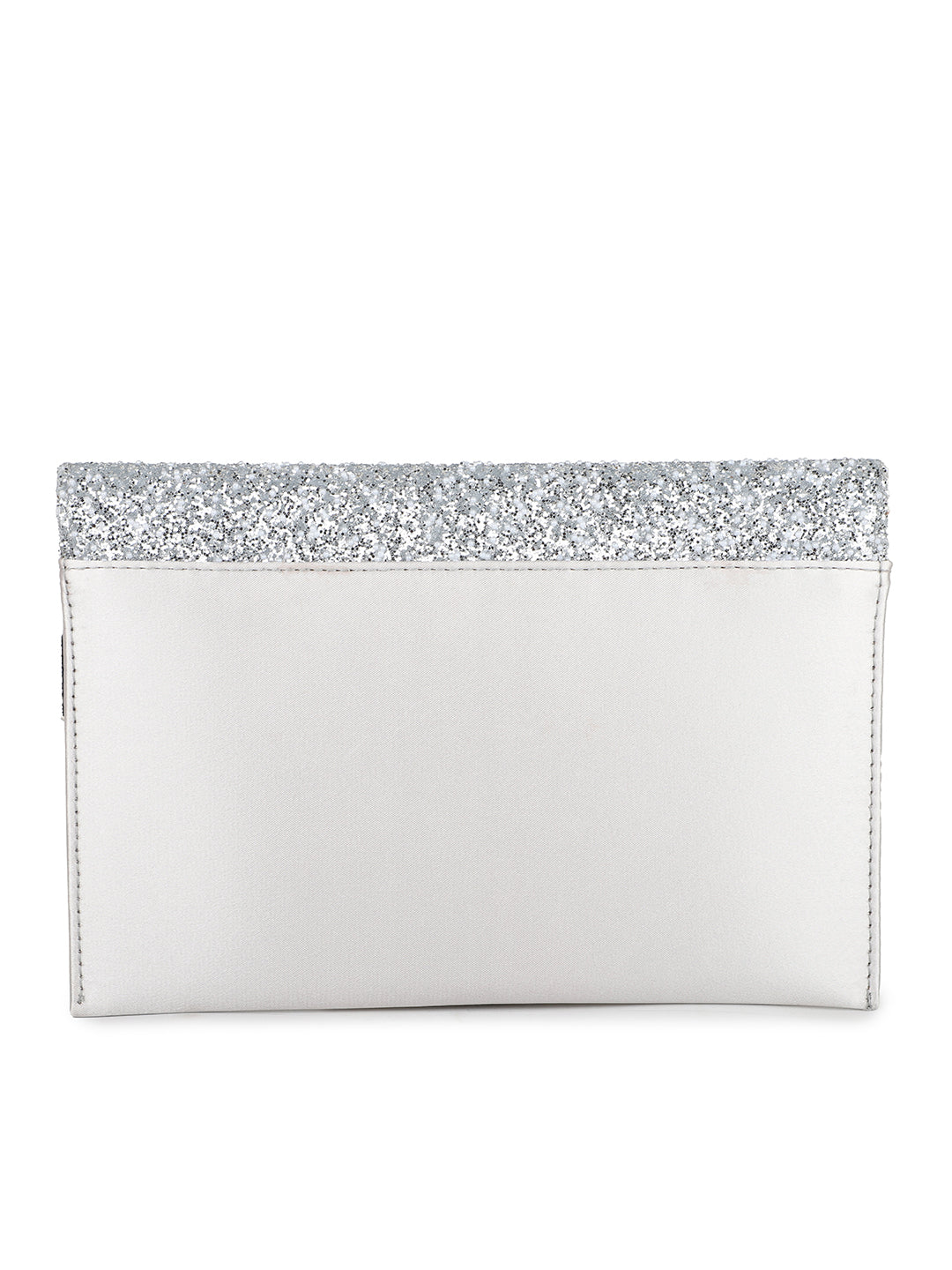 Women Silver Toned Embellished Envelope Clutch