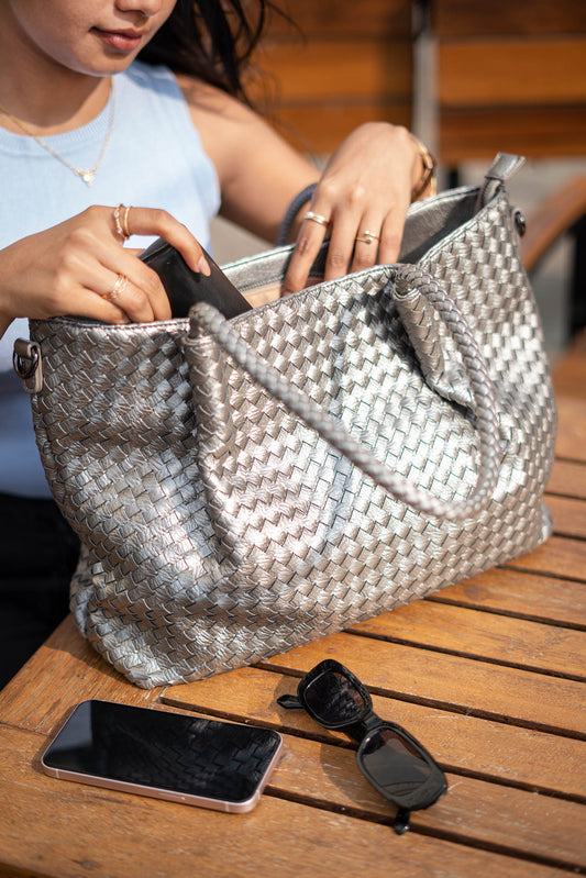 Women Dark Grey Woven Design Structured Shoulder Bag