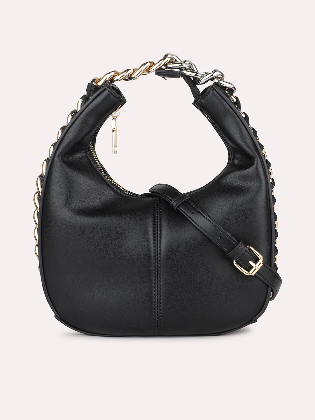Women Black Solid Hobo Bag with Chain Detailing on Sides