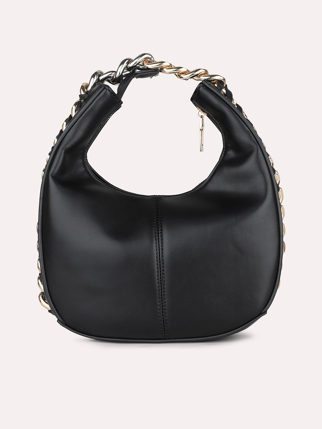 Women Black Solid Hobo Bag with Chain Detailing on Sides