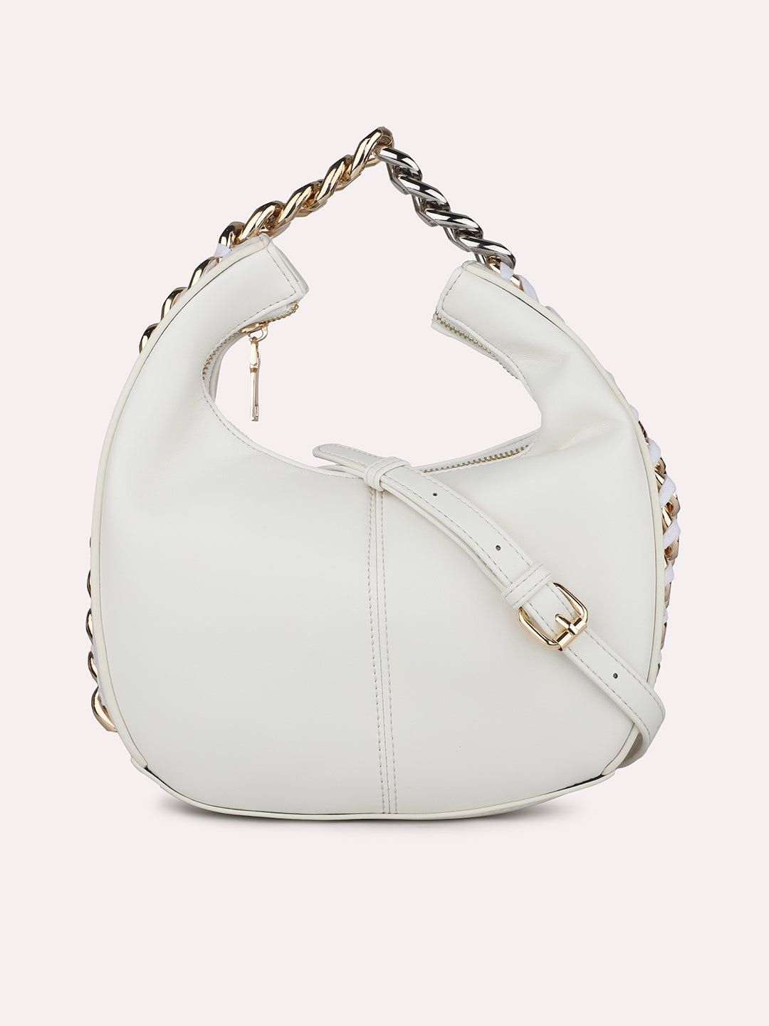 Women Off White Solid Hobo Bag with Chain Detailing on Sides