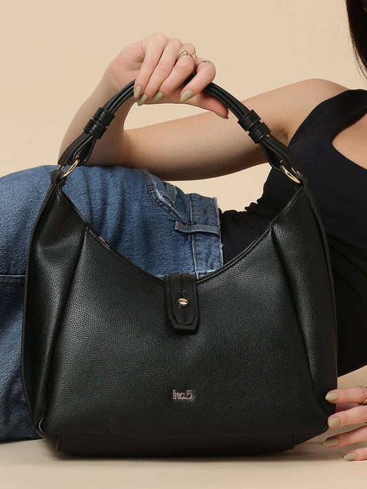 Women Black Textured PU Hobo Bag With Button Detail