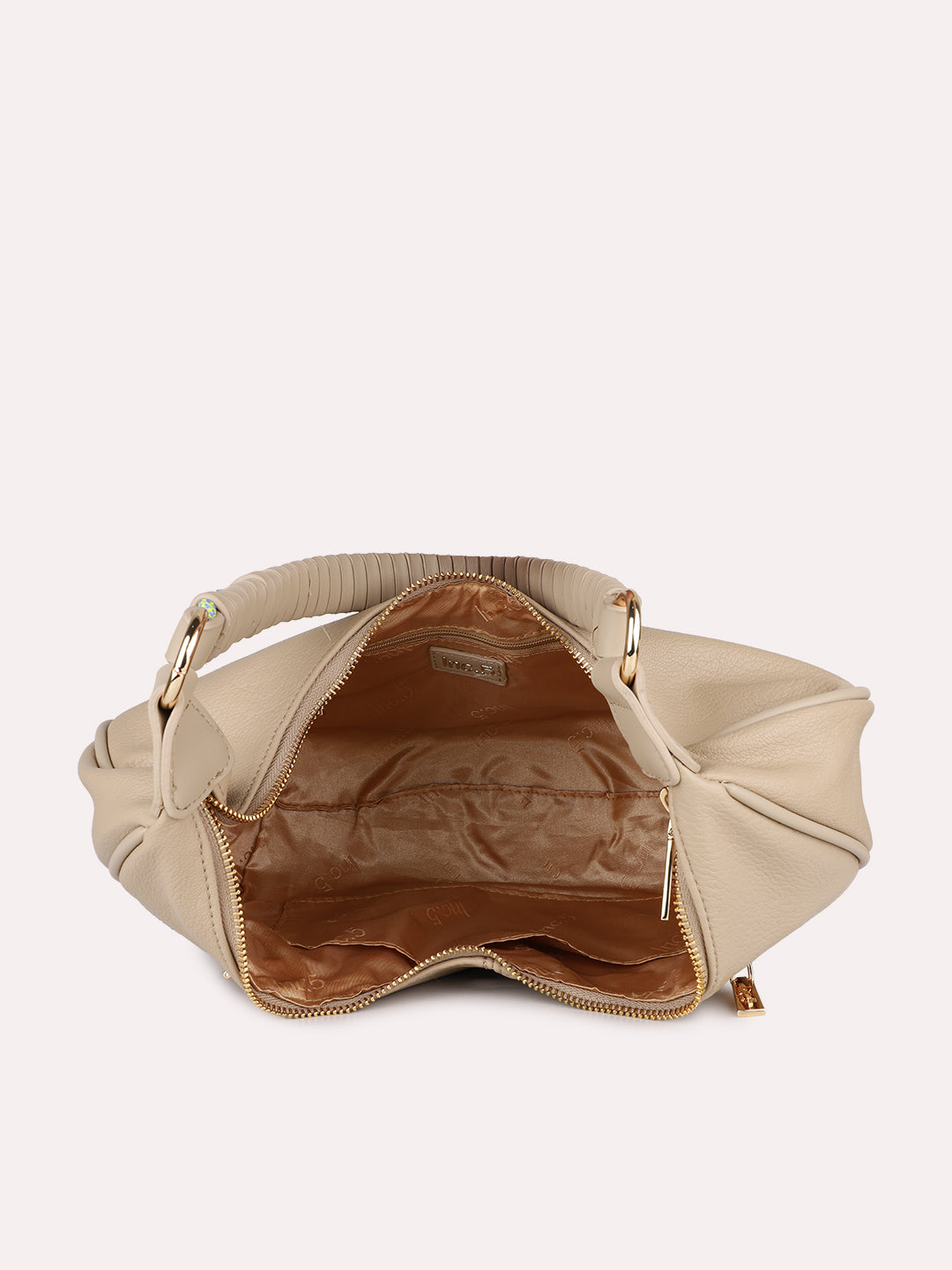 Womens Beige Party Textured Shoulder Bag With Zipper