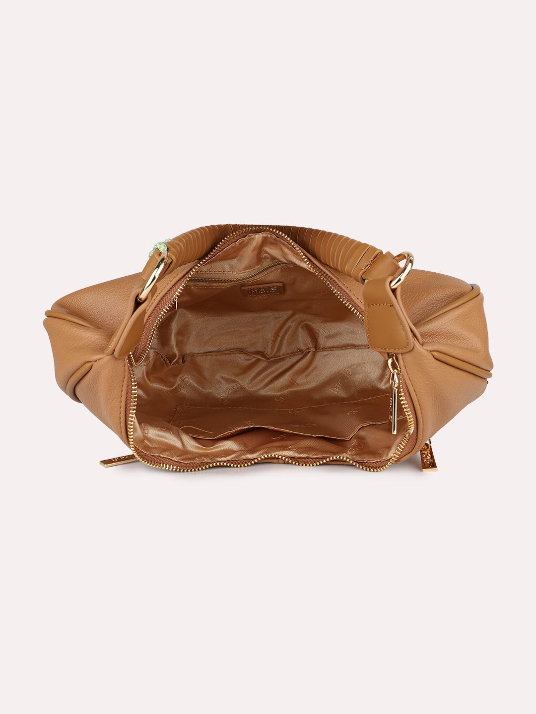Womens Tan Party Textured Shoulder Bag With Zip Lock