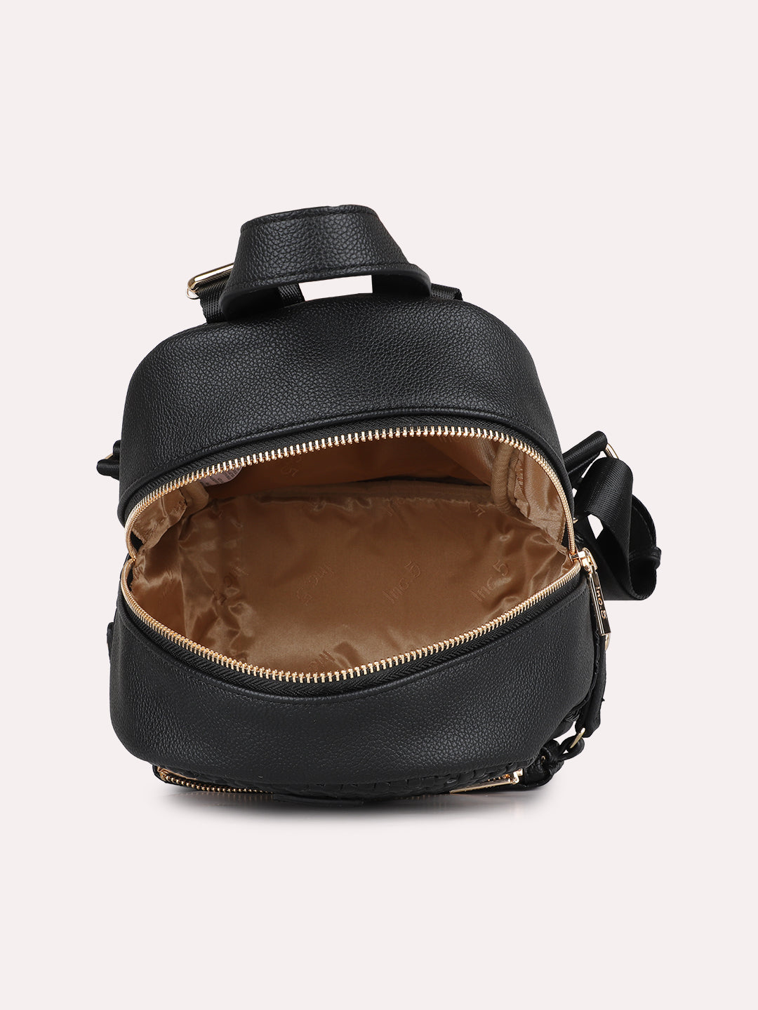 Womens Black Casual Textured Backpack With Zip Lock