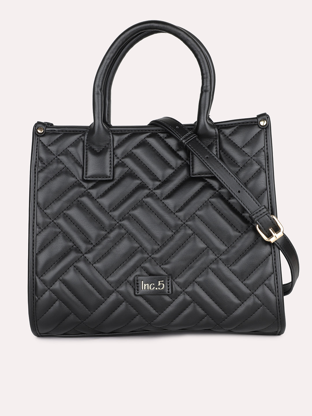 Women Black Textured Structured Handheld Bag With Quilted