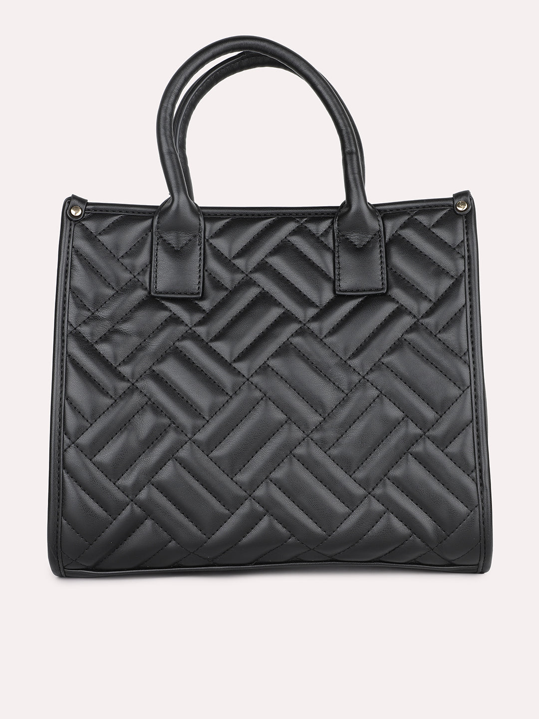 Women Black Textured Structured Handheld Bag With Quilted