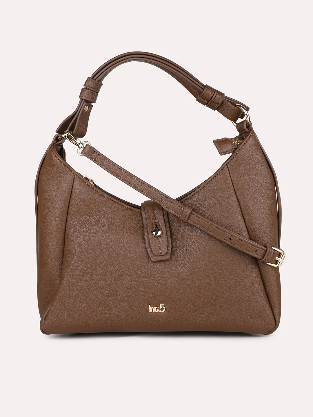 Women Brown Textured PU Hobo Bag With Button Detail