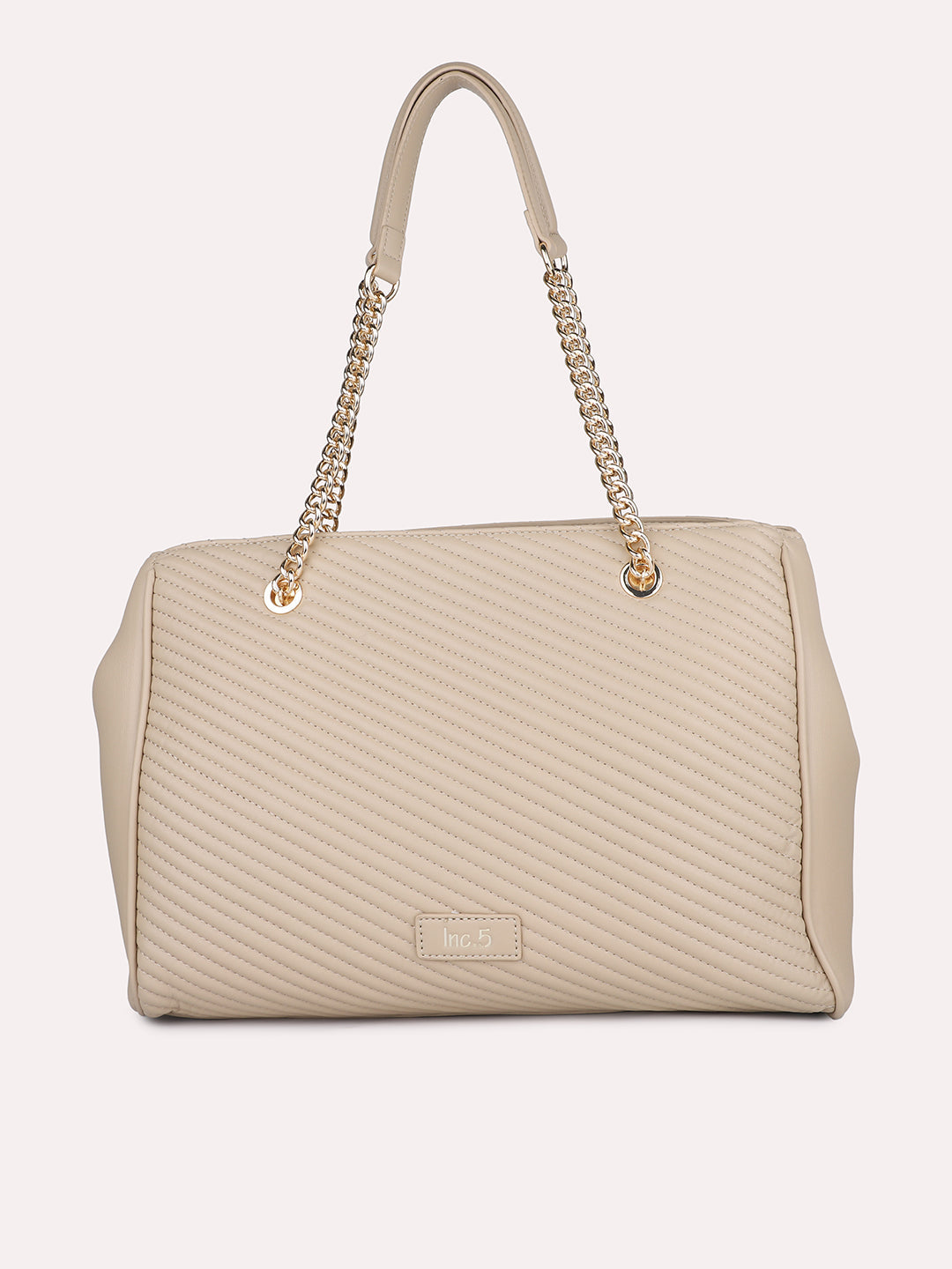 Women Beige Textured Structured Shoulder Bag with Quilted Detailing