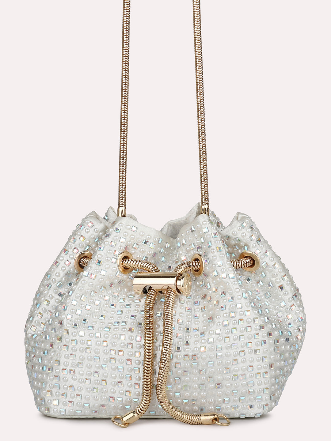 Women White Embellished Potli Clutch with Sling
