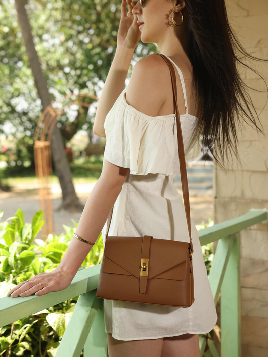Women Tan Solid Structured Sling Bag with Front Lock Detail