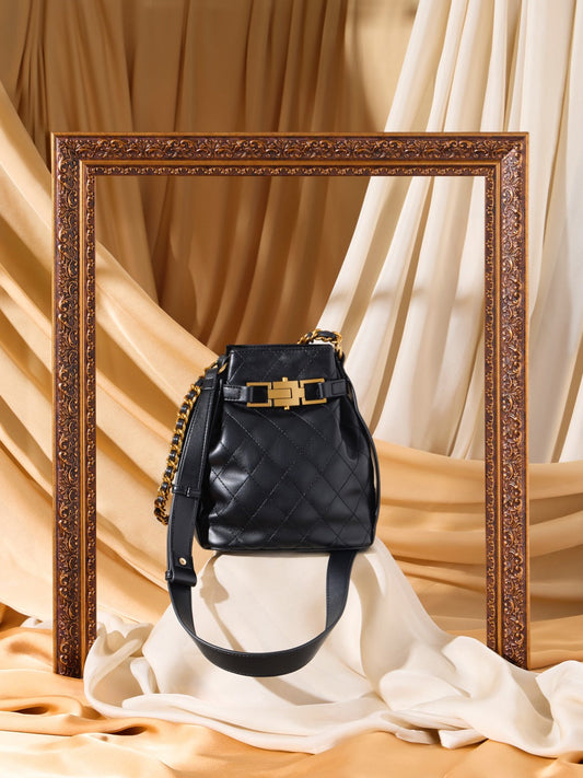 Women Black Textured Quilted Textured Potli With Buckle Detail