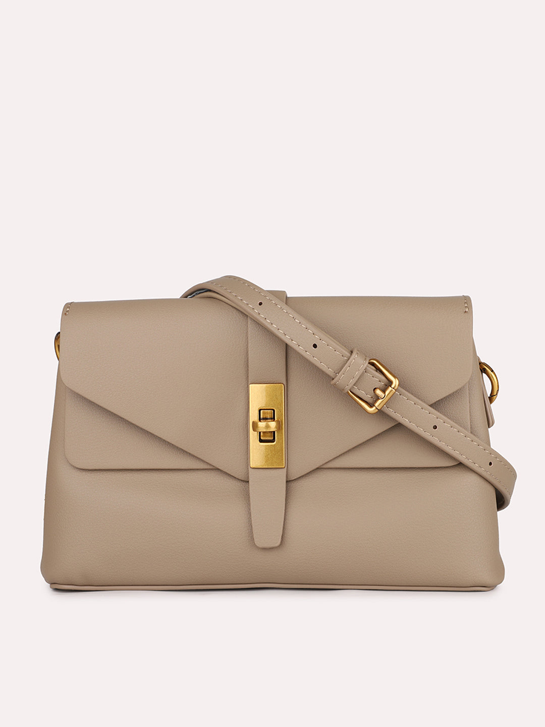 Women Grey Solid Structured Sling Bag with Front Lock Detail