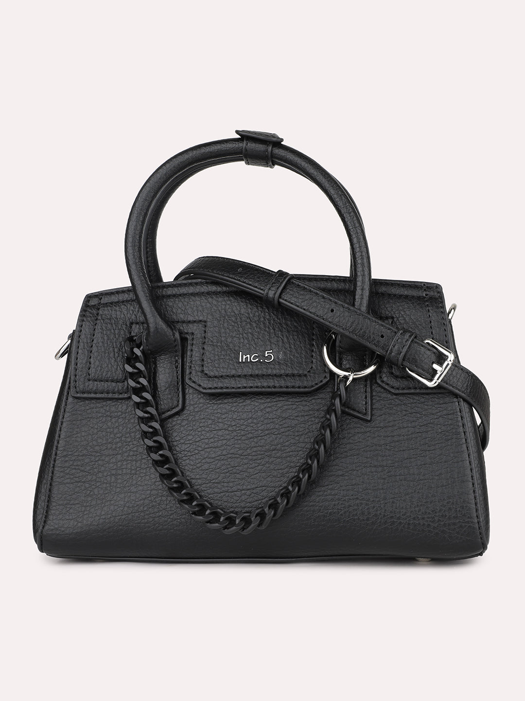 Women Black Solid Handheld Bag with Detachable Strap and Chain Detailing