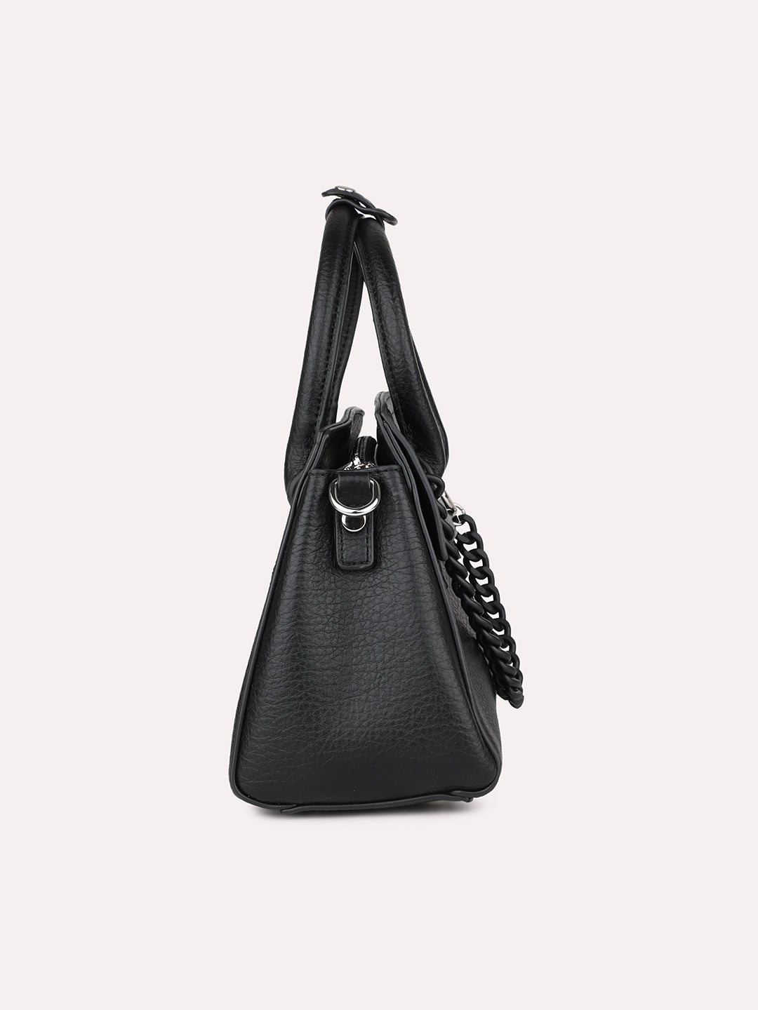 Women Black Solid Handheld Bag with Detachable Strap and Chain Detailing