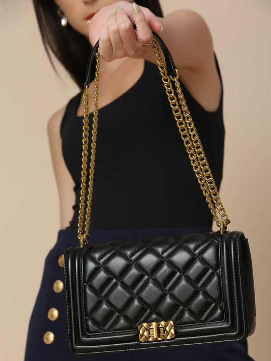 Women Black Structured Chain Sling Bag with Quilted Detailing