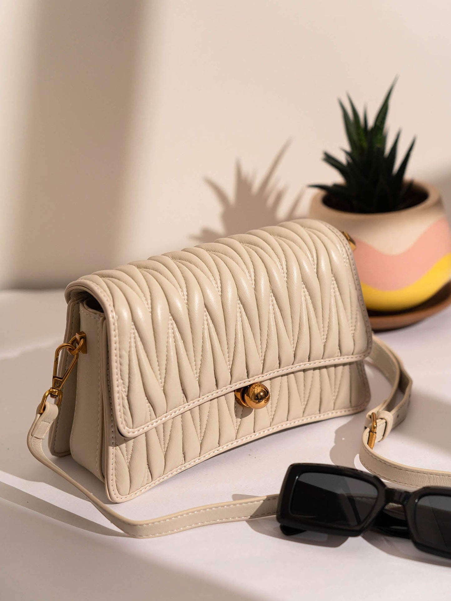 Women Beige Quilted Structured Sling Bag