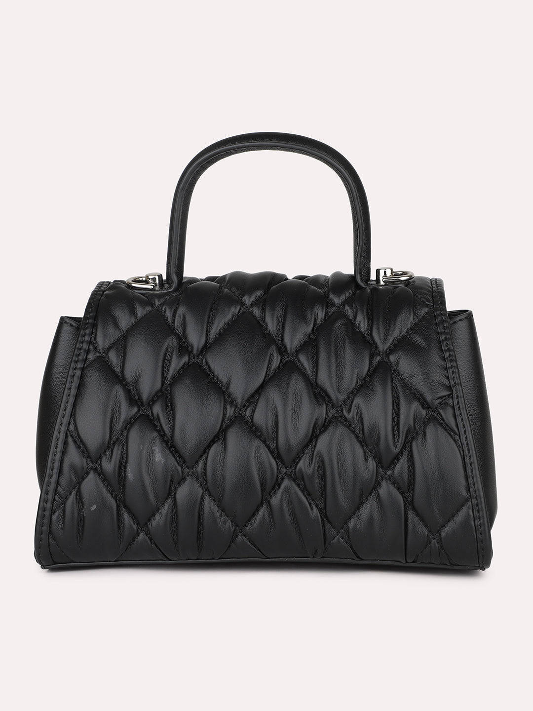Women Black Quilted Textured Structured Handheld Bag with Sling