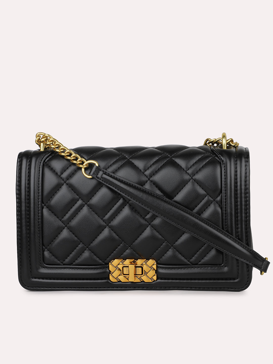 Women Black Structured Chain Sling Bag with Quilted Detailing