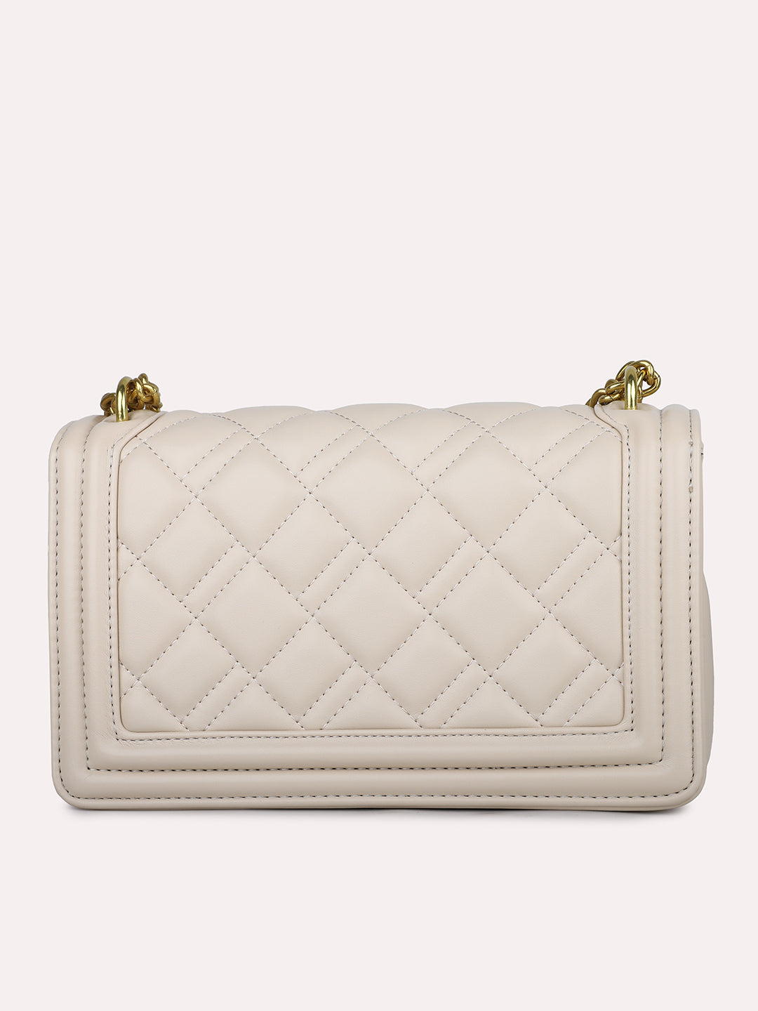 Women Off White Structured Chain Sling Bag with Quilted Detailing